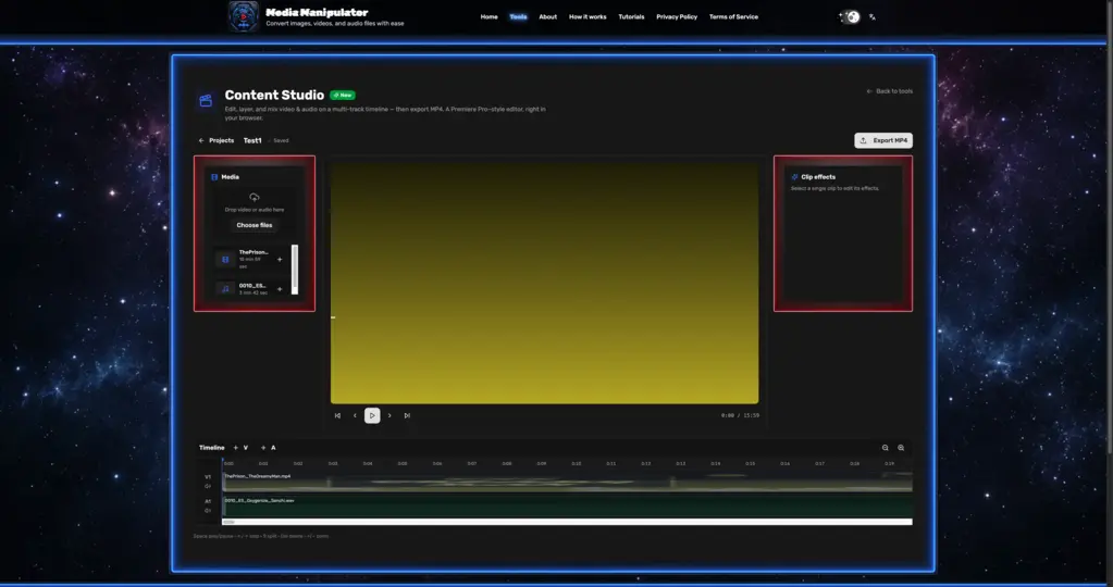 The Content Studio editor showing the media bin, preview, clip effects panel, and a multi-track timeline.