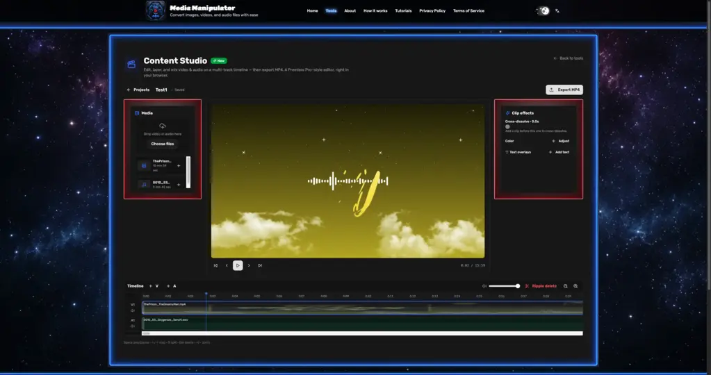 The Clip effects panel with cross-dissolve, color, and text overlay controls for the selected clip.
