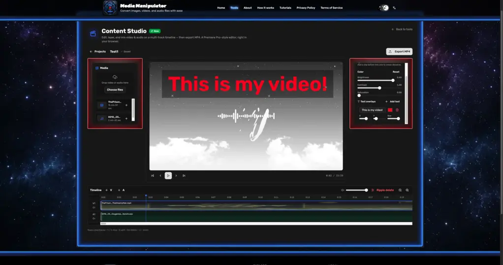 A red “This is my video!” text overlay drawn over the preview with the text editor on the right.